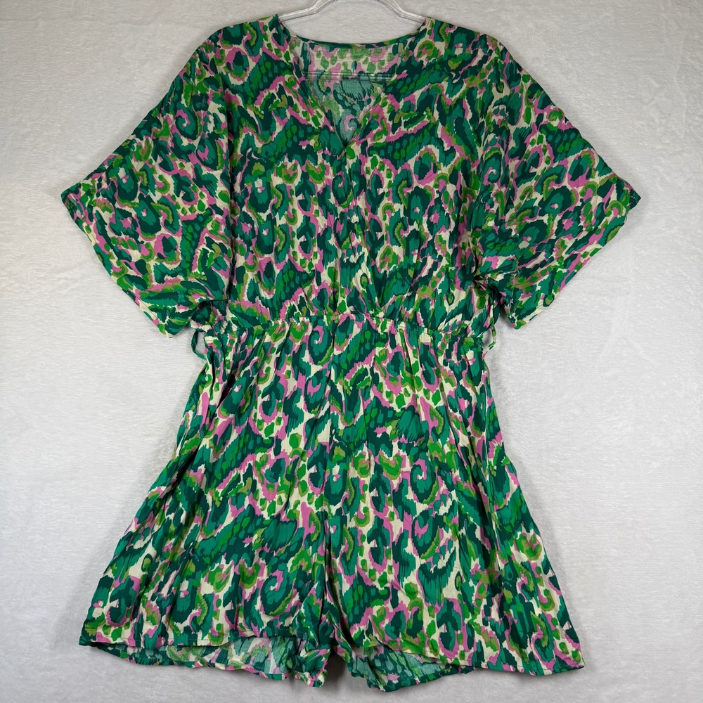 CUPSHE Womens Green Pink Abstract Leopard Print V-Neck Romper Size M 8901‎